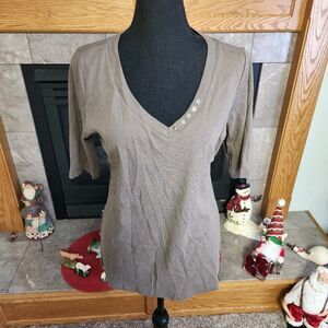 Karen Scott Shirt Womens Brown Short Sleeve V-Neck Button Accent NWT